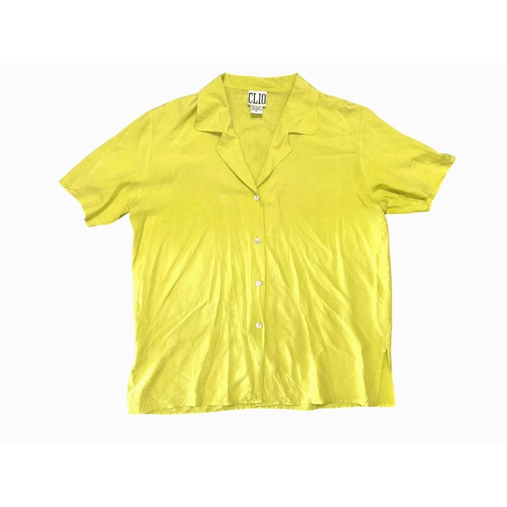 Clio Size Medium Yellow Silk Button Up Blouse Short Sleeve Minimalist City Chic - Picture 9 of 9